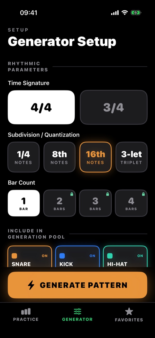 Generator Setup screen: time signature 4/4 or 3/4, subdivision from quarter notes to triplets, bar count from 1 to 4, and which drums to include.
