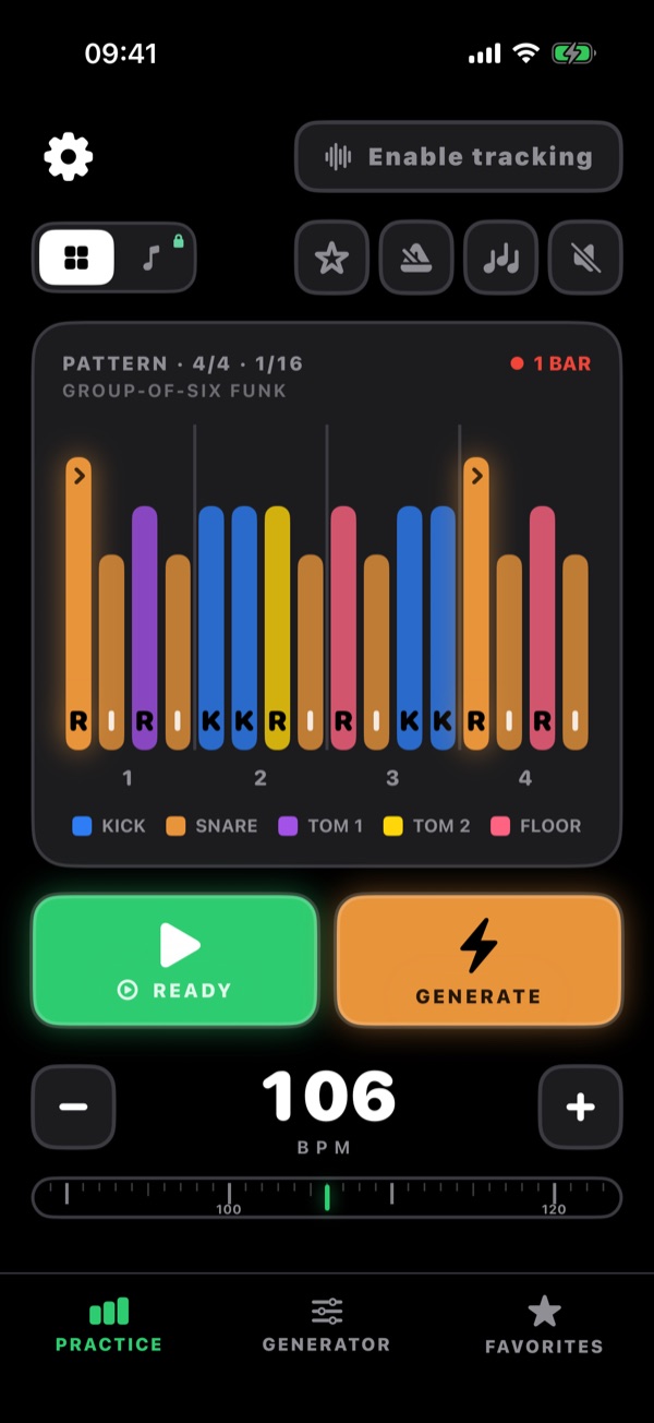 DrumFillGenerator practice screen: a one-bar 16th-note fill shown as colour-coded bars with R, L and K sticking under each step, plus Play, Generate and a 106 BPM tempo control.