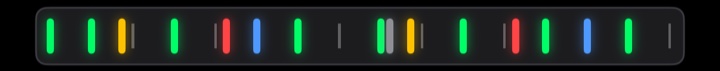 Hit timeline: a row of coloured ticks, mostly green with a few amber, red and blue.
